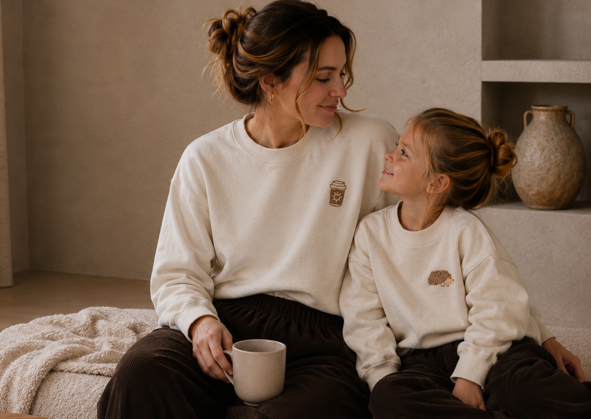 Frau und Kind in aufeinander abgestimmten VINI-Looks in einem warmen Zuhause