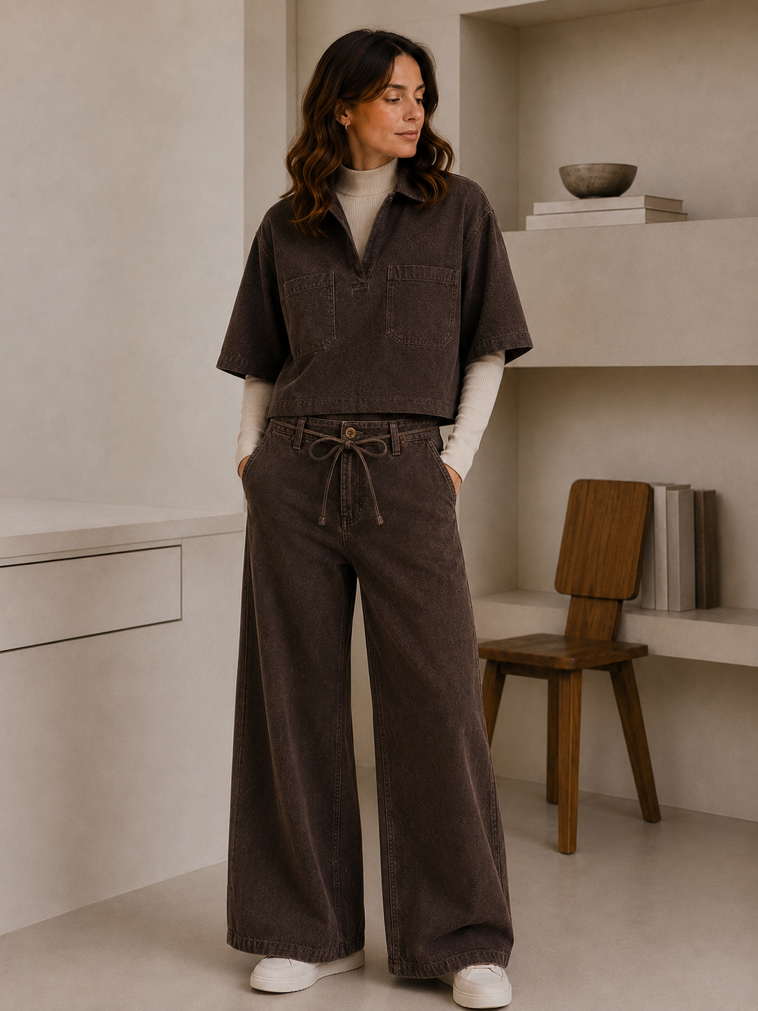 AI-Visualisierung eines VINI-Damenlooks mit braunem Oberteil und weiter Hose über einem cremefarbenen Rollkragenpullover